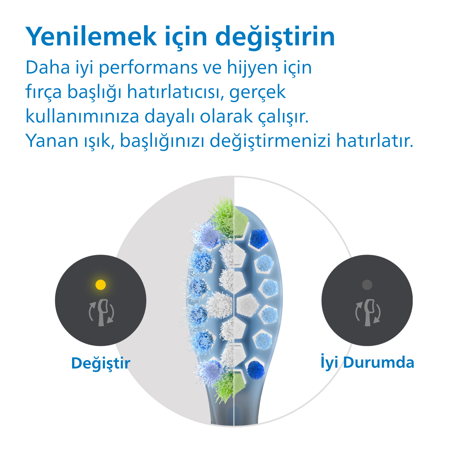 Elektrikli diş fırçası başlığı, yeşil ve mavi kıllarla. Değişimi gösteren sarı ve siyah daireler.