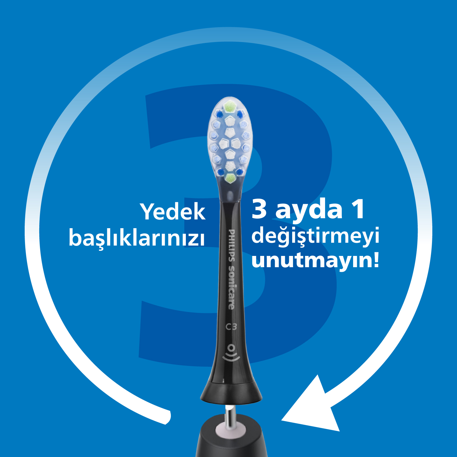 Mavi arka plan üzerinde diş fırçası başlığı. 3 ayda bir değiştirin.