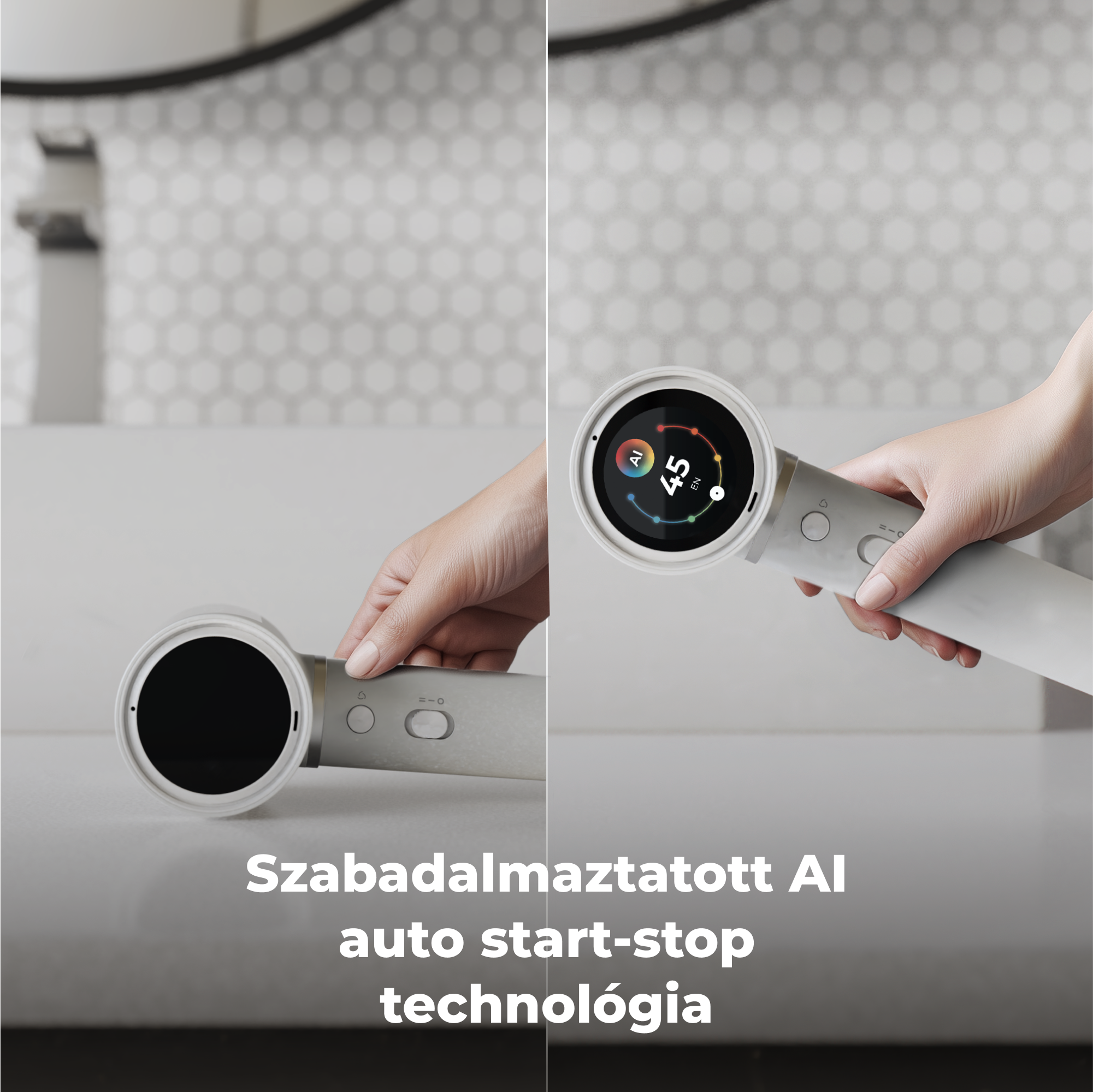 Egy személy fehér hajszárítót használ kör alakú kijelzővel. Felirat: 'Szabadalmaztatott AI auto start-stop technológia'.