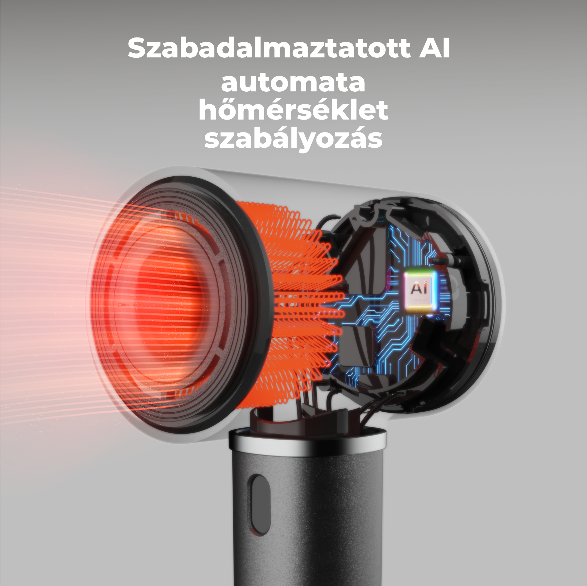 Hajszárító belső alkatrészeinek közeli képe. Szöveg: Szabadalmaztatott AI automata hőmérséklet szabályozás.