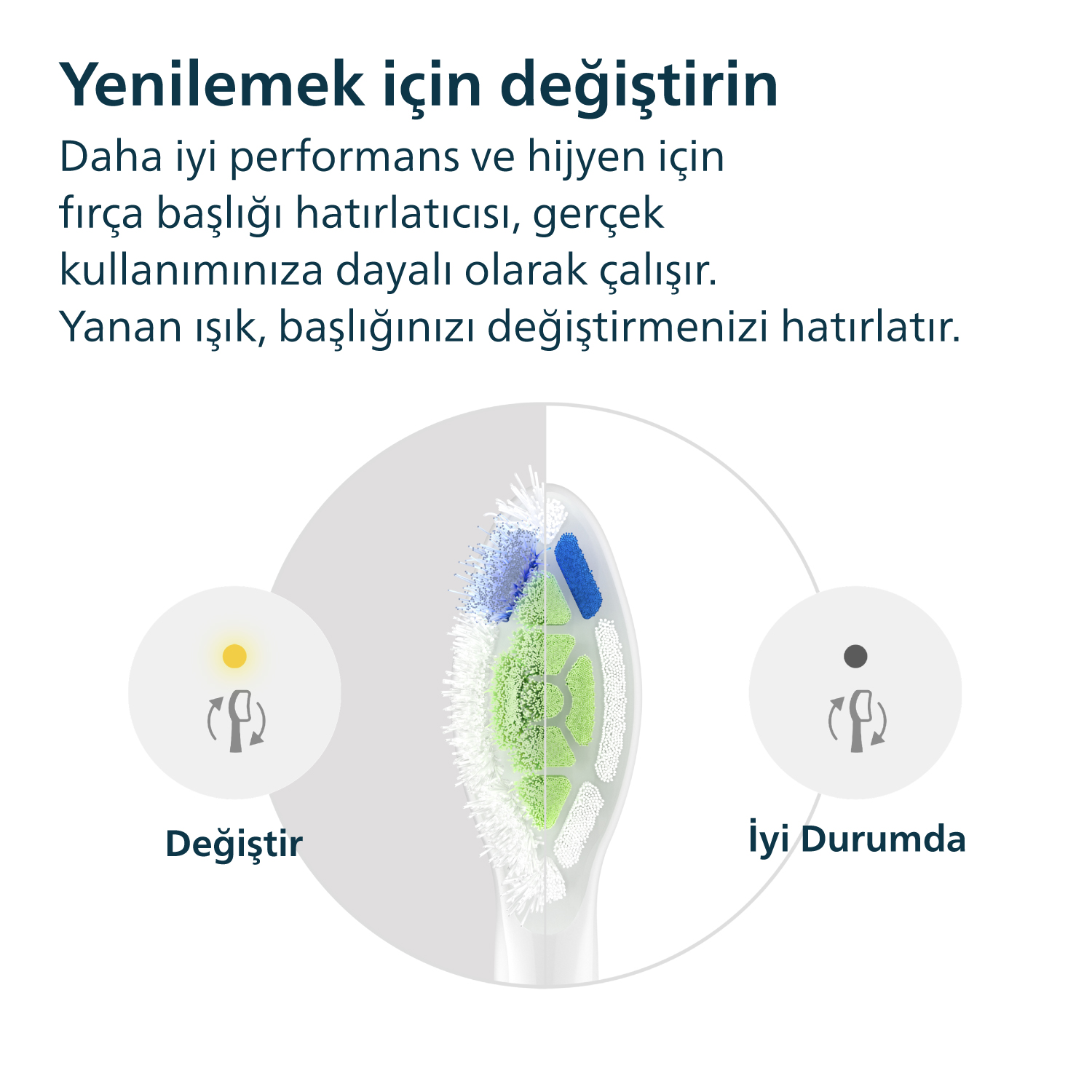 Diş fırçası başlığını ve değiştirme durumunu gösteren bir resim.