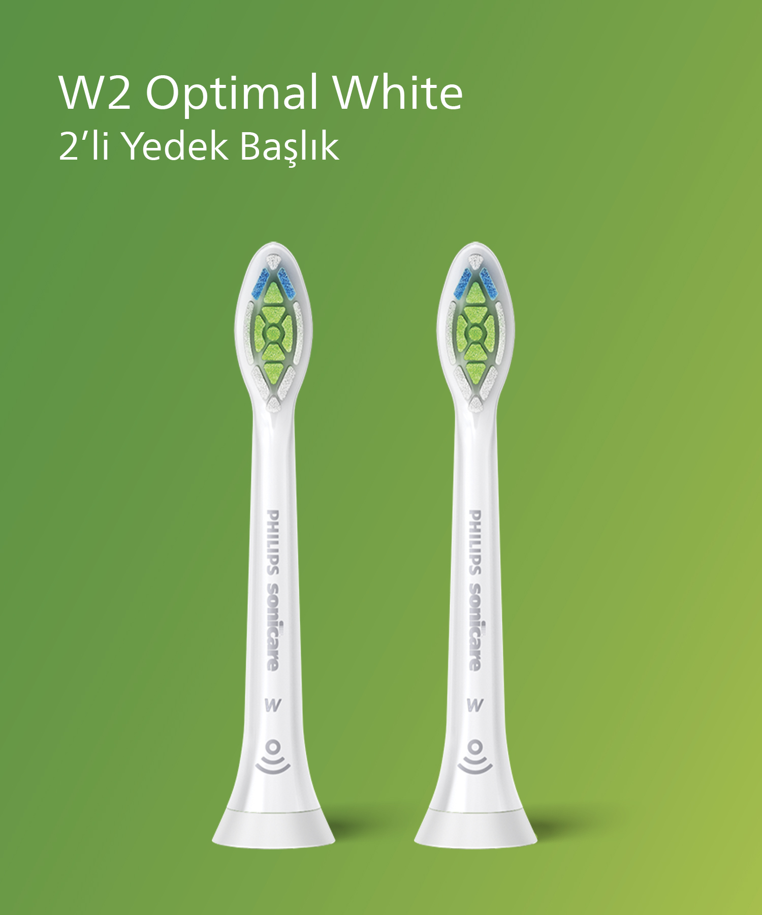 Yeşil arka planda iki beyaz Philips Sonicare diş fırçası başlığı. Türkçe metin.