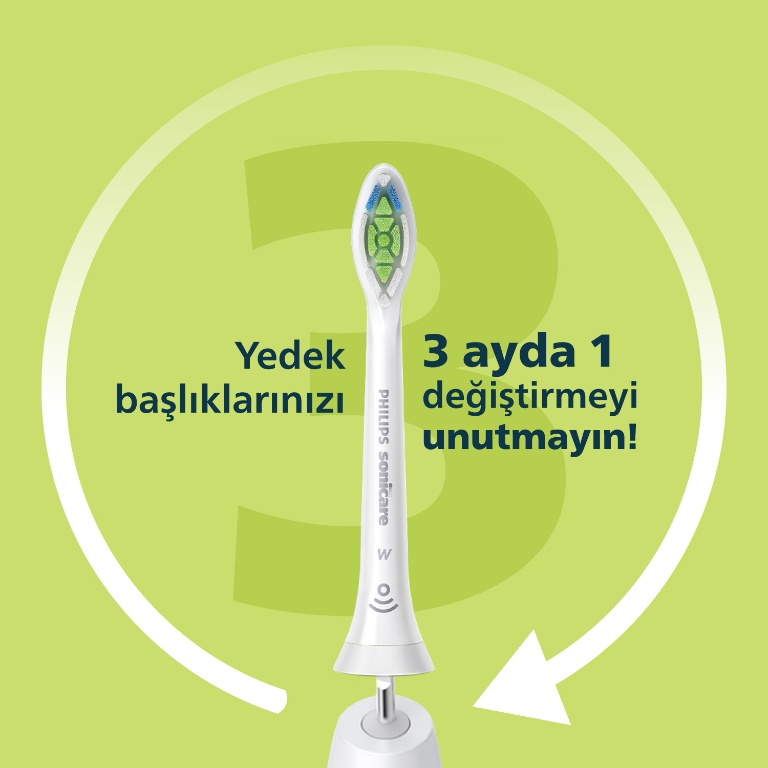 Yeşil fırça başlıklı beyaz diş fırçası, metin 3 ayda bir değiştirin diyor.