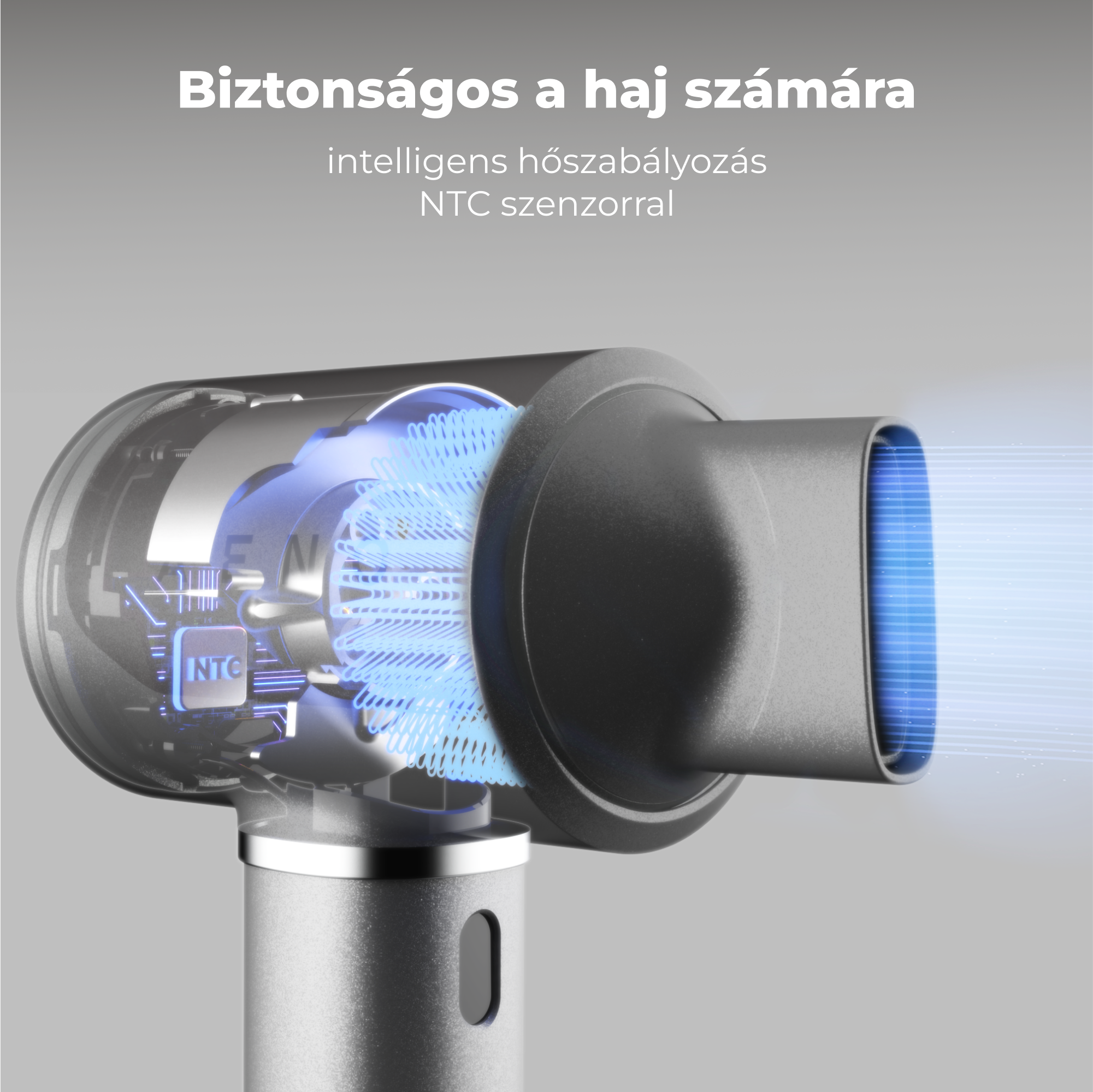Közelkép egy hajszárítóról, kék fénnyel a fúvókán át, bemutatva a belső mechanizmusát.
