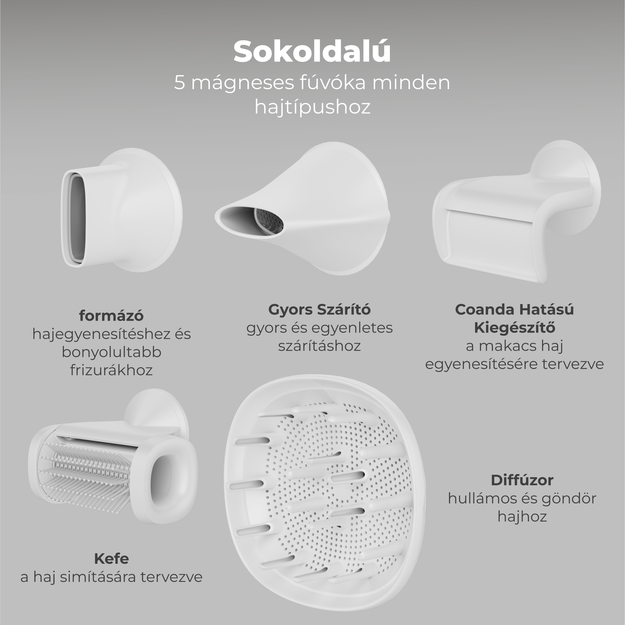 Öt fehér hajszárító tartozék, mindegyik különböző formájú, fehér háttéren.