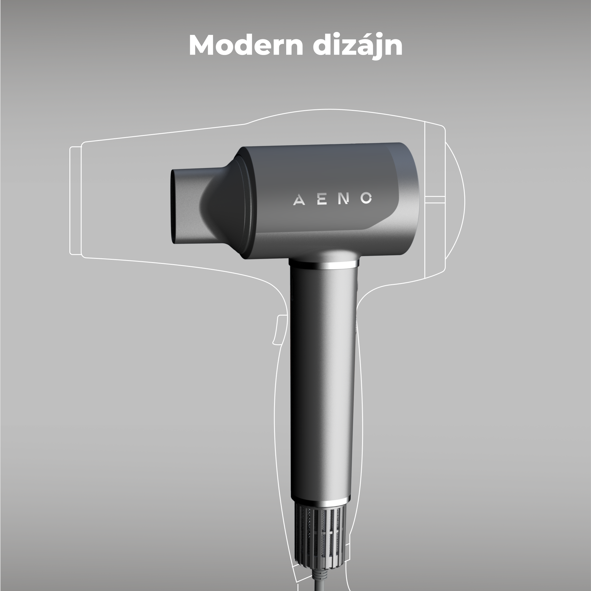 Szürke fém bevonatú hajszárító, szürke háttérben, a szöveg 'Modern dizájn'.
