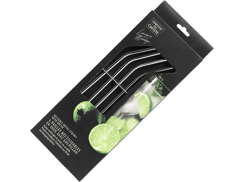 Pajitas - CMP Paris KV7270, Pack de 4, Reutilizables, 25 cm, Con escobilla para limpieza, Acero Inoxidable
