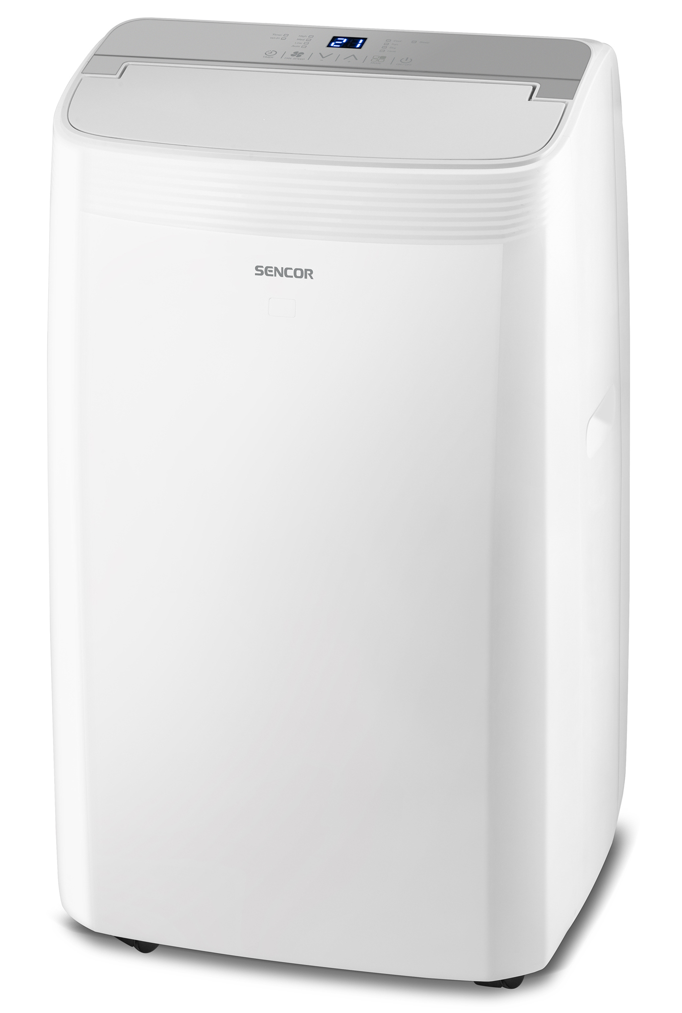 Biały przenośny klimatyzator Sencor, widok z boku.