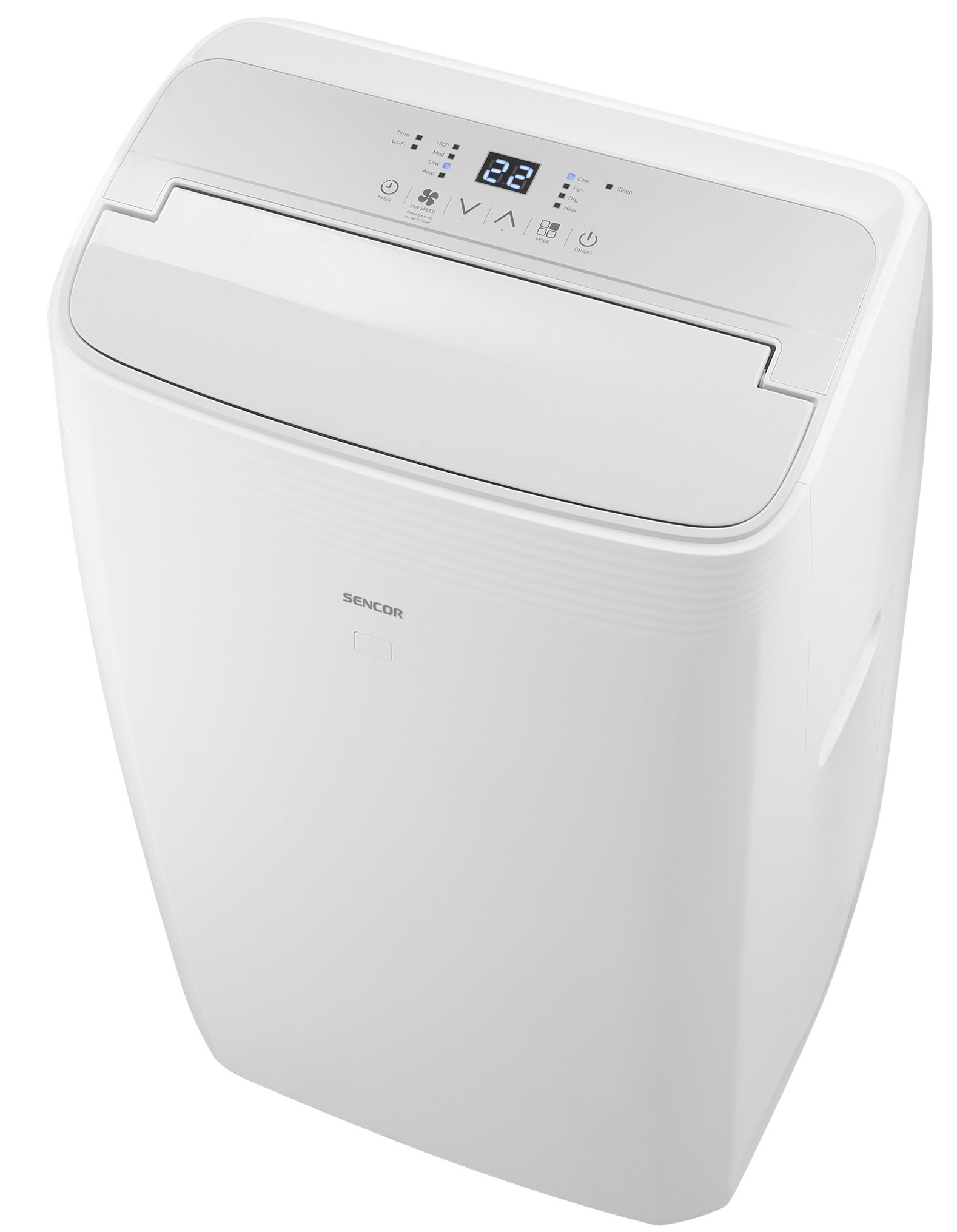 Biały przenośny klimatyzator. Panel sterowania na górze. Białe tło.