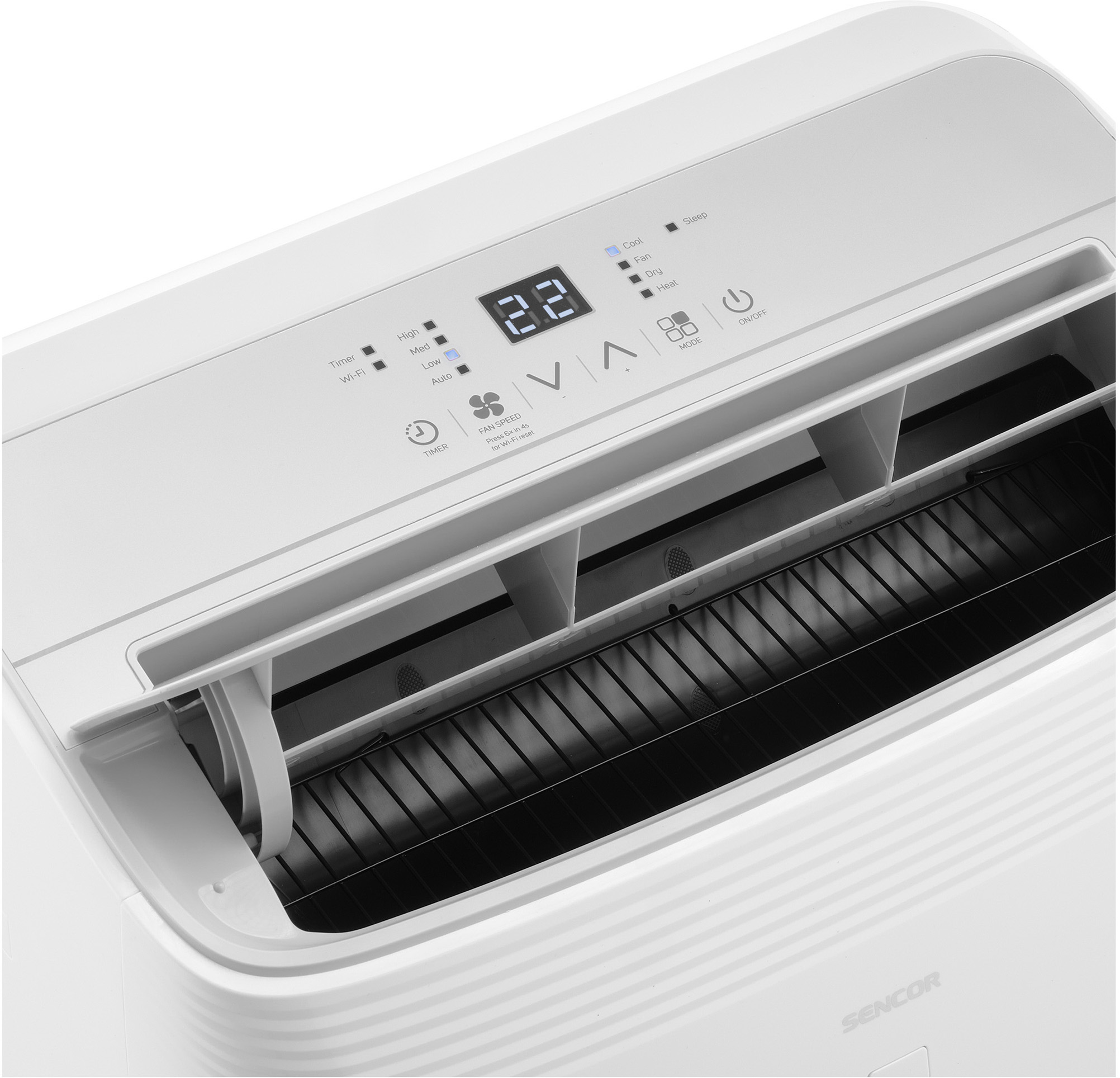 Biały klimatyzator z wyświetlaczem i przyciskami. Widoczne czarne otwory wentylacyjne.