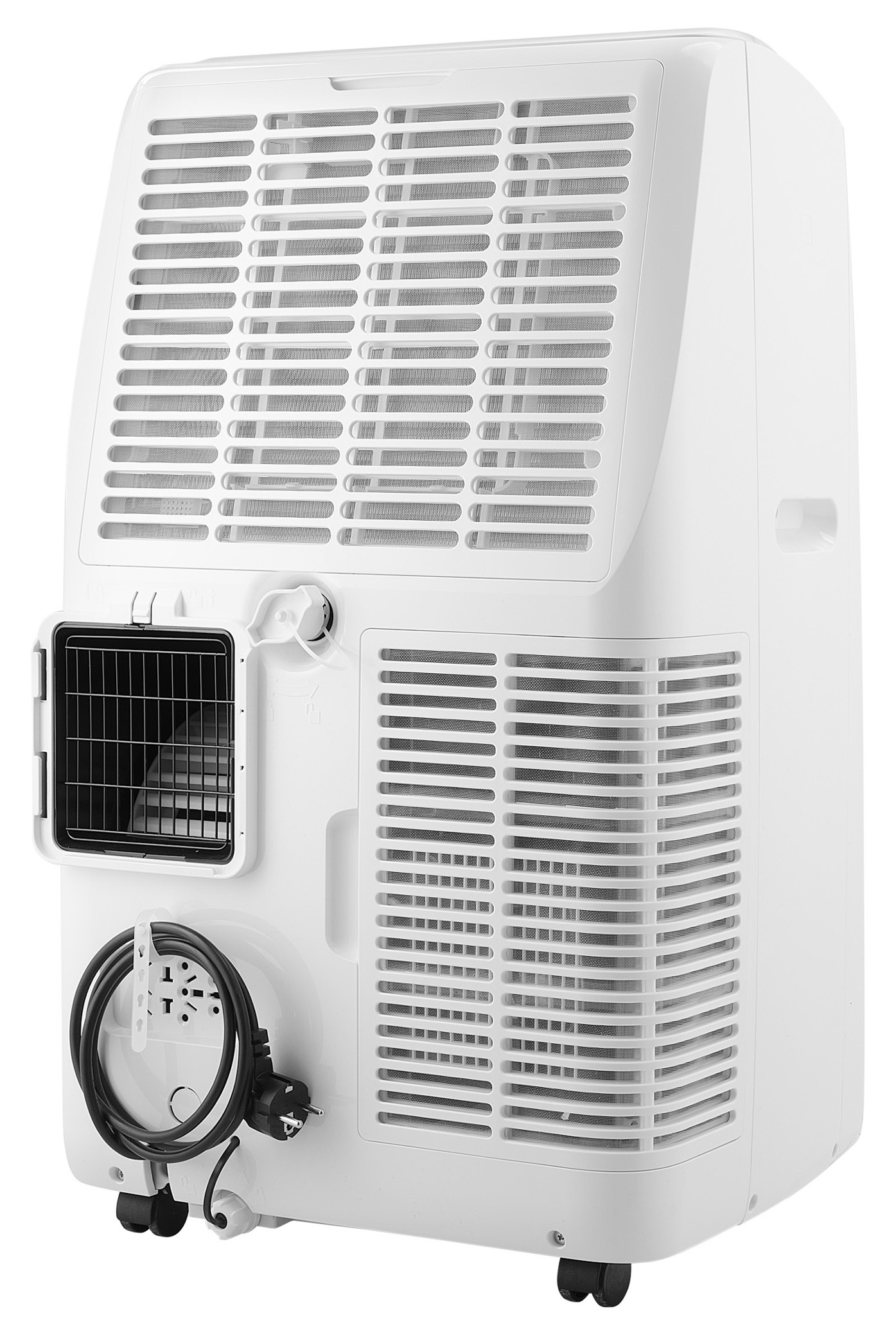 Tył białego przenośnego klimatyzatora z wężem i przewodem zasilającym.