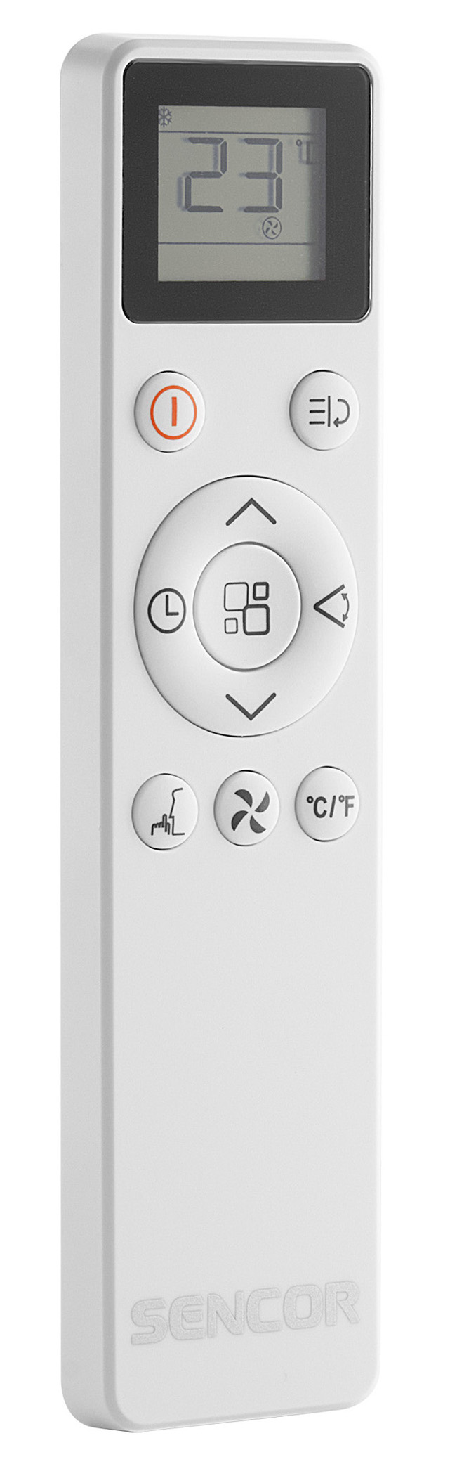 Biały pilot z przyciskami i małym wyświetlaczem.