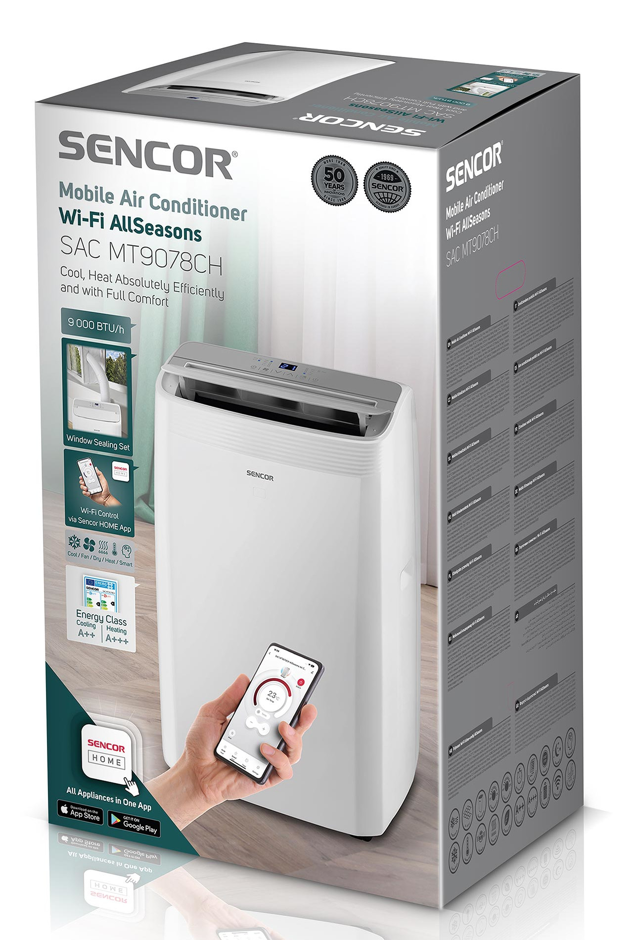 Mobilny klimatyzator w pudełku, z dłonią trzymającą telefon z aplikacją.