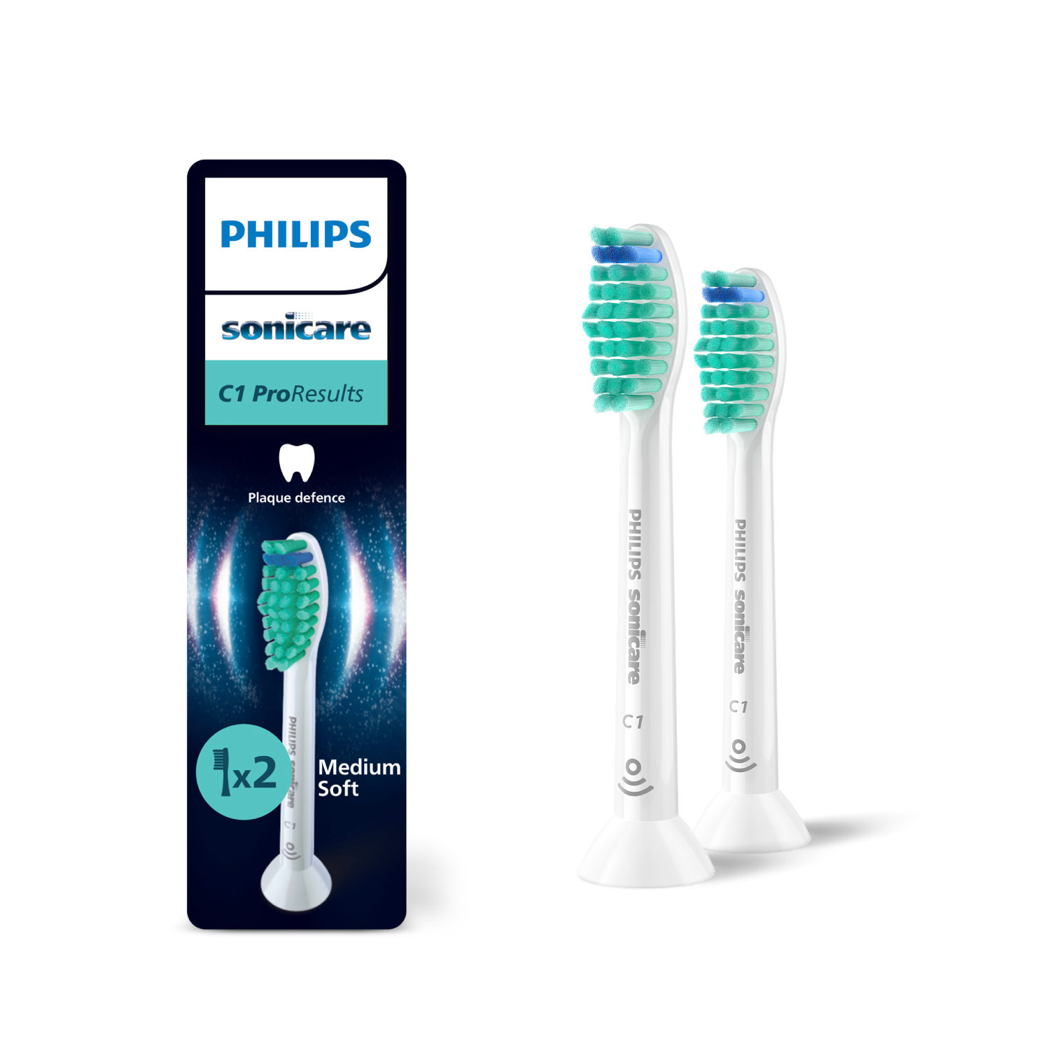 İki adet Philips Sonicare diş fırçası başlığı ve bir kutu. Başlıkların yeşil kılları var.