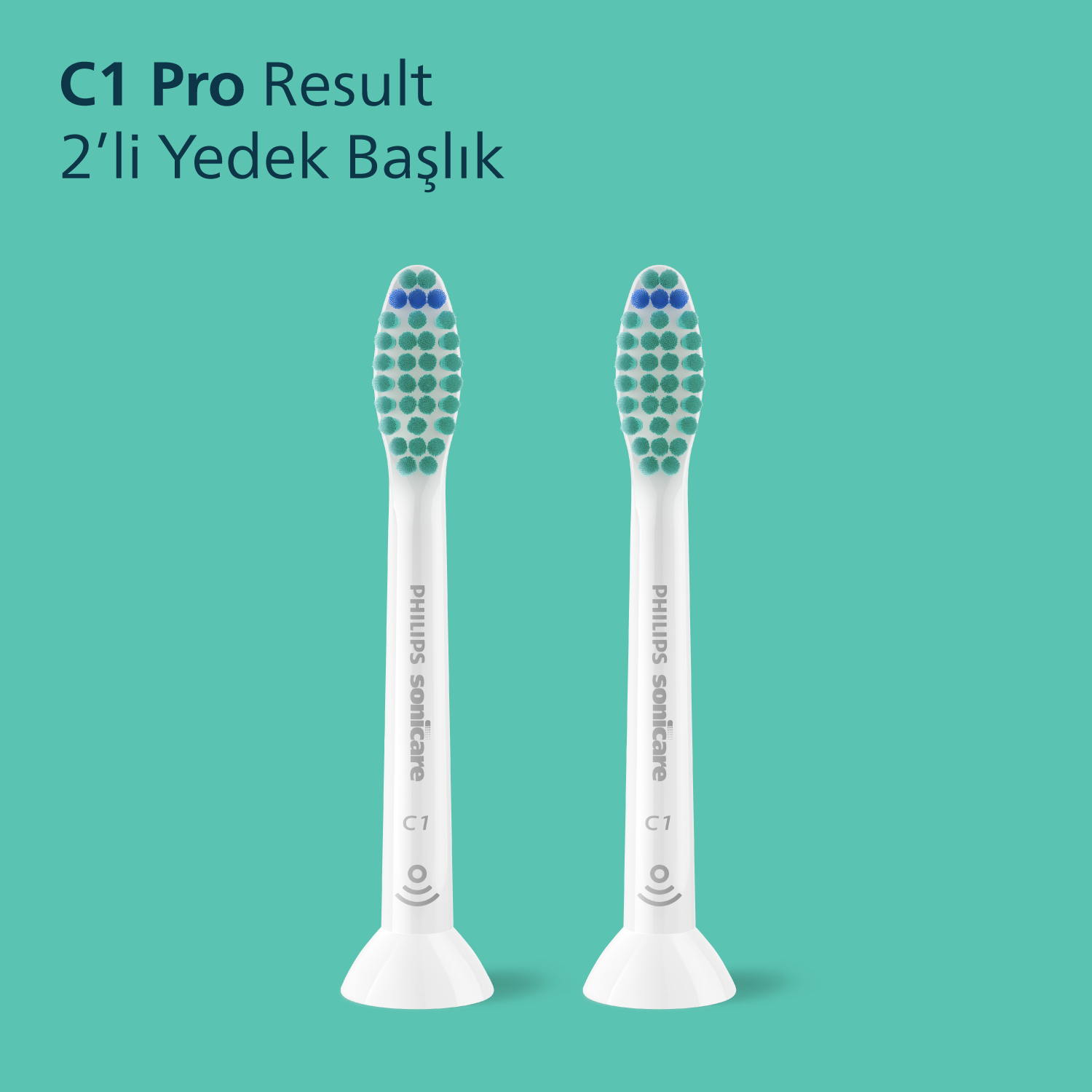 Teal bir arka plan üzerinde iki Philips Sonicare C1 Pro Result diş fırçası başlığı.