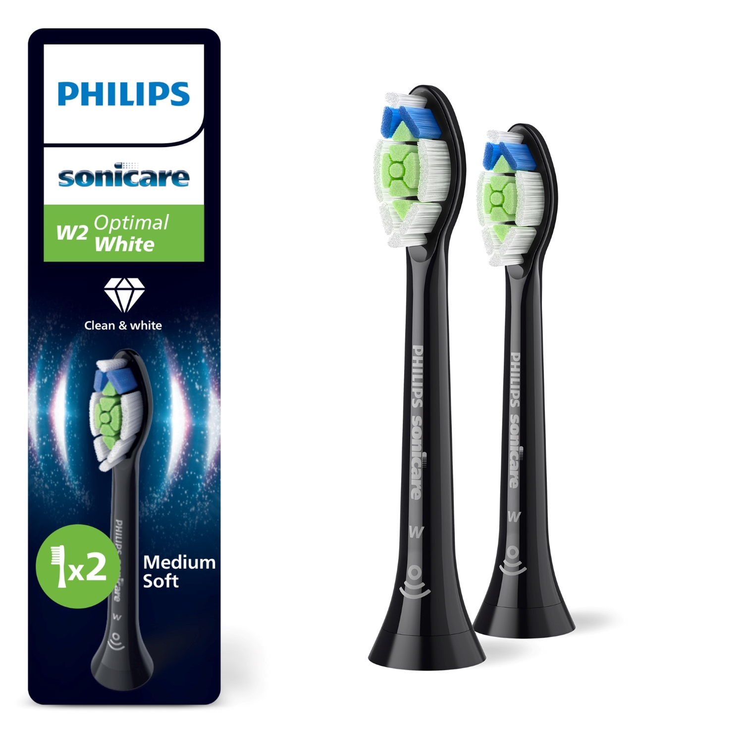 İki Philips Sonicare diş fırçası başlığı, siyah, yeşil ve mavi kıllı.