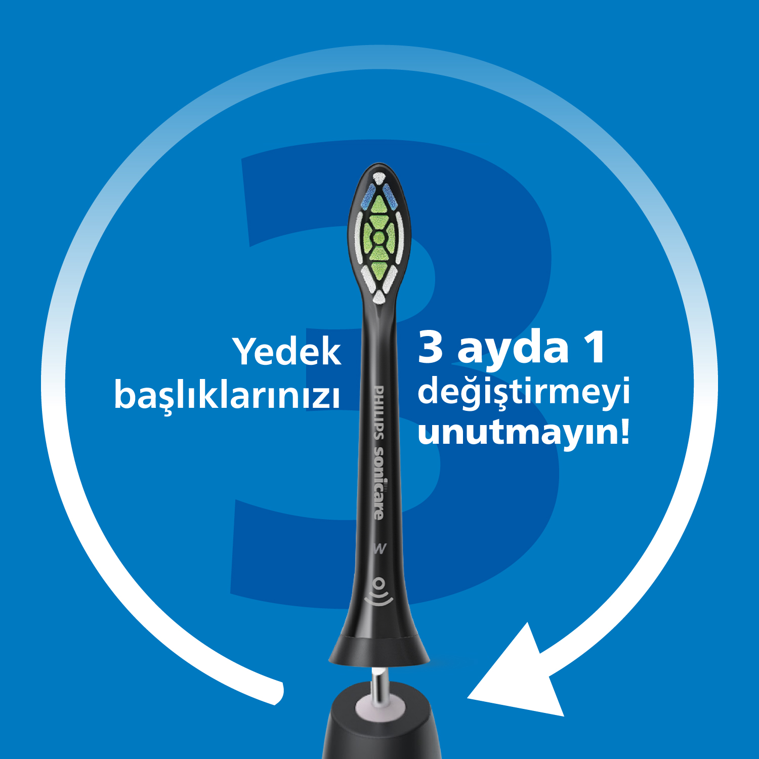 Fırça üzerindeki diş fırçası başlığı, 3 ayda bir değiştirme metniyle.