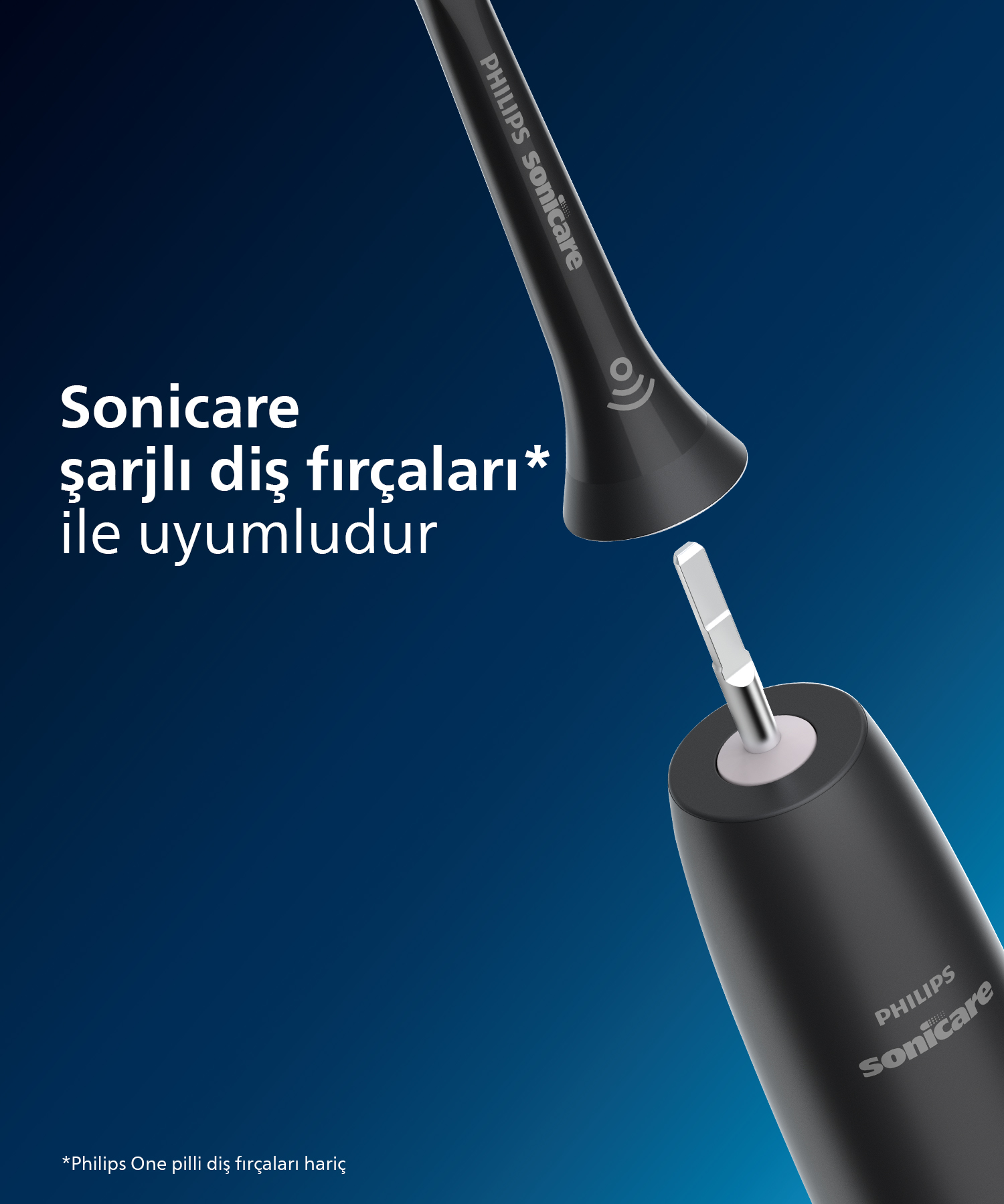 Siyah bir Philips Sonicare diş fırçası başlığı ve sapının yakın çekimi.