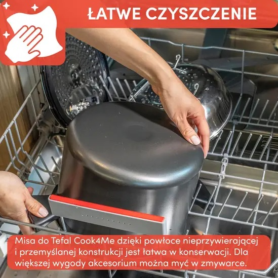 Kobieta umieszcza garnek w zmywarce. Tekst mówi 'łatwe czyszczenie'.
