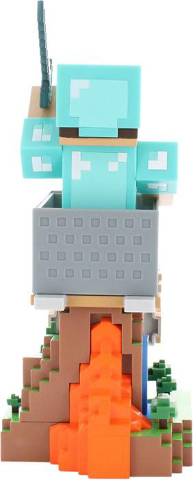 Eine Minecraft-Figur in einer Lore auf einer detaillierten Anzeige mit Lava und einem Wasserfall.