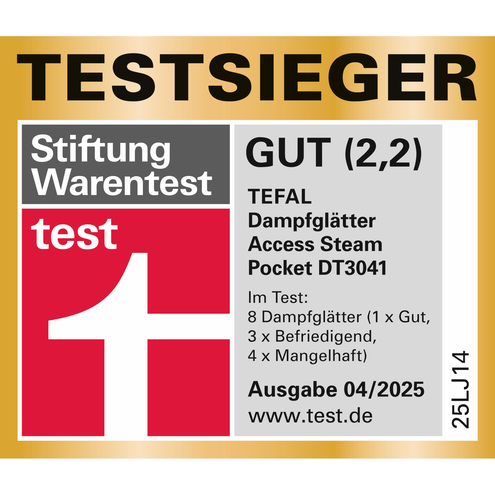 Stiftung Warentest Label. TEFAL Dampfglätter Access Steam Pocket DT3041. Bewertung 'GUT (2,2)'. Ausgabe 04/2025.
