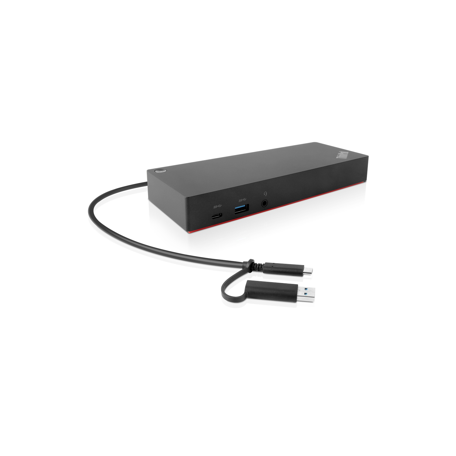 Black laptop docking station with red accent