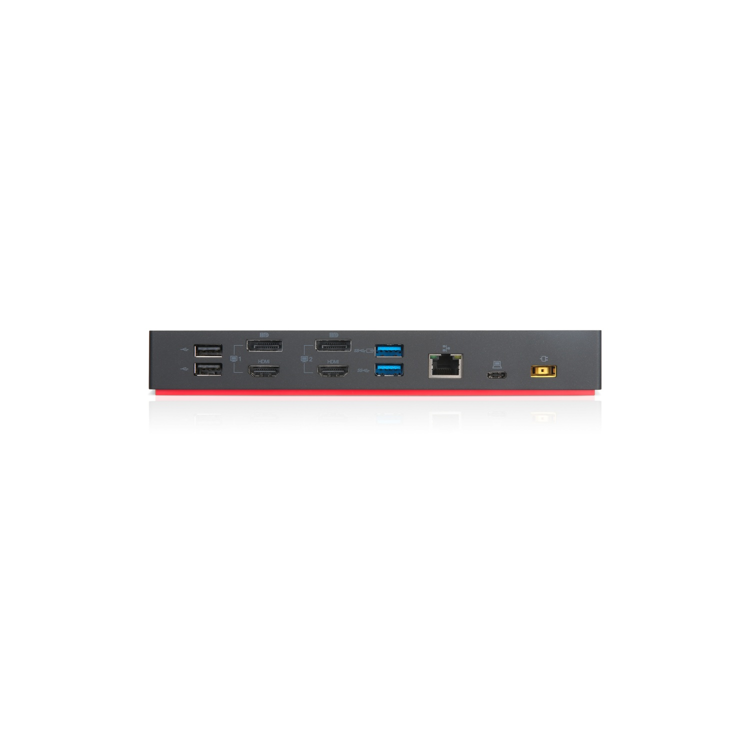 A black device with multiple ports and red accents.