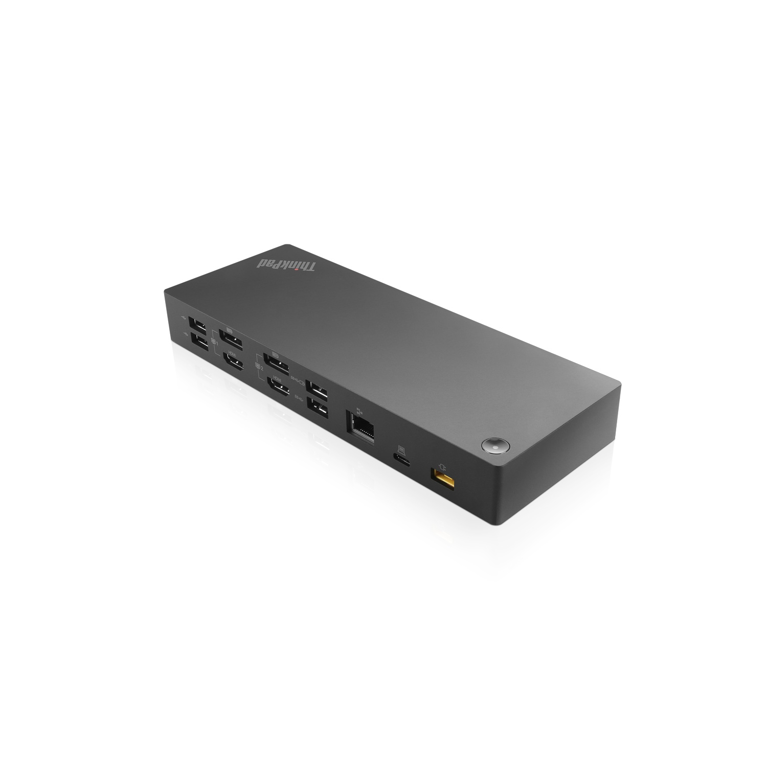 Black ThinkPad docking station with various ports on a white surface.