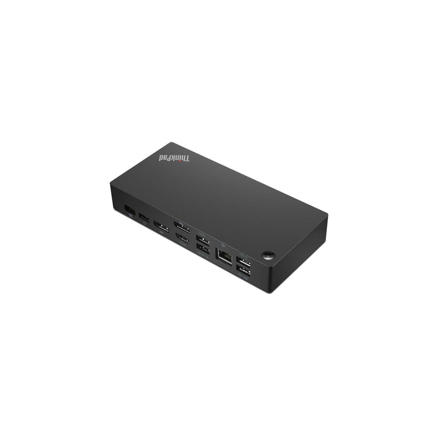 Black ThinkPad docking station on white background.