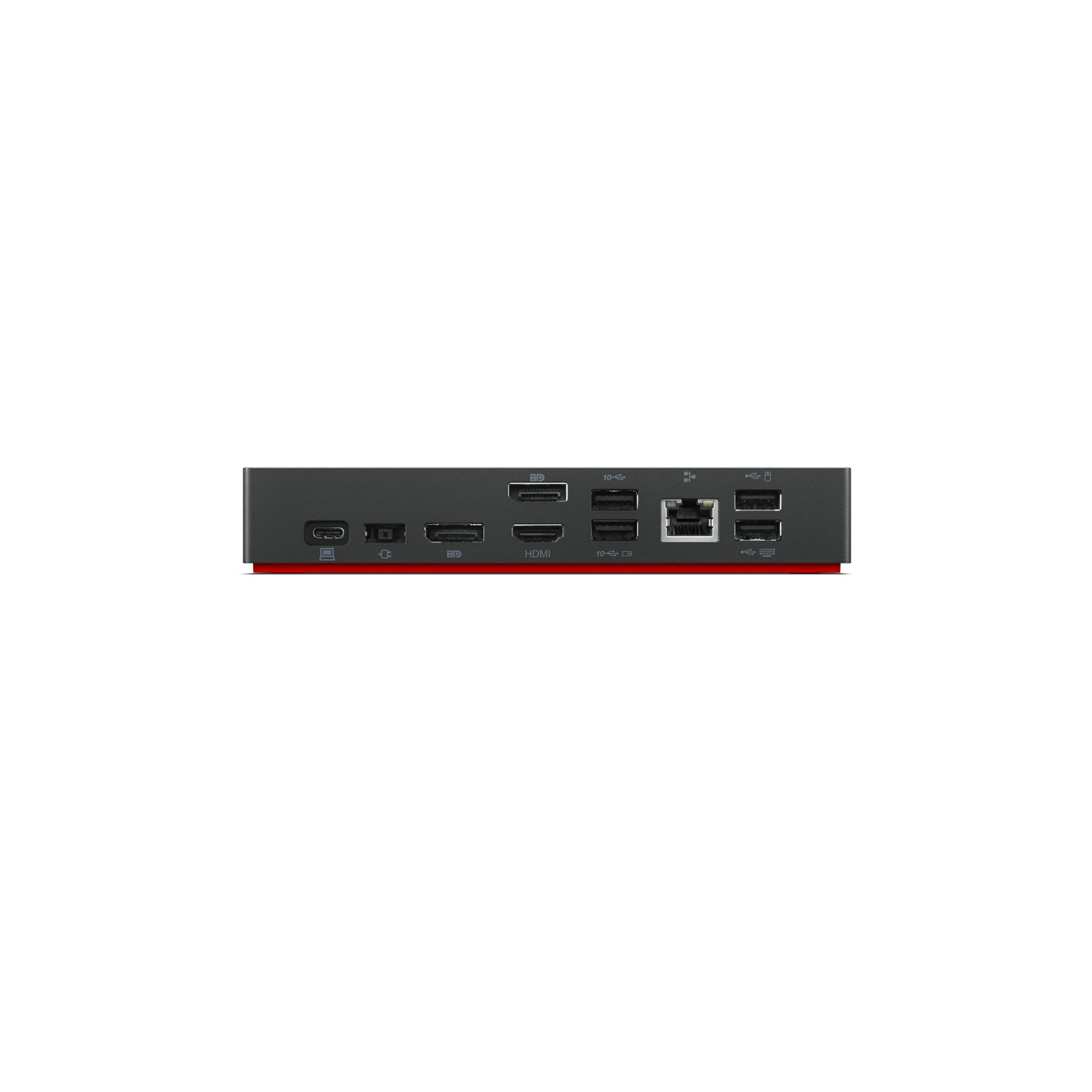 Black docking station with multiple ports, including USB and HDMI.