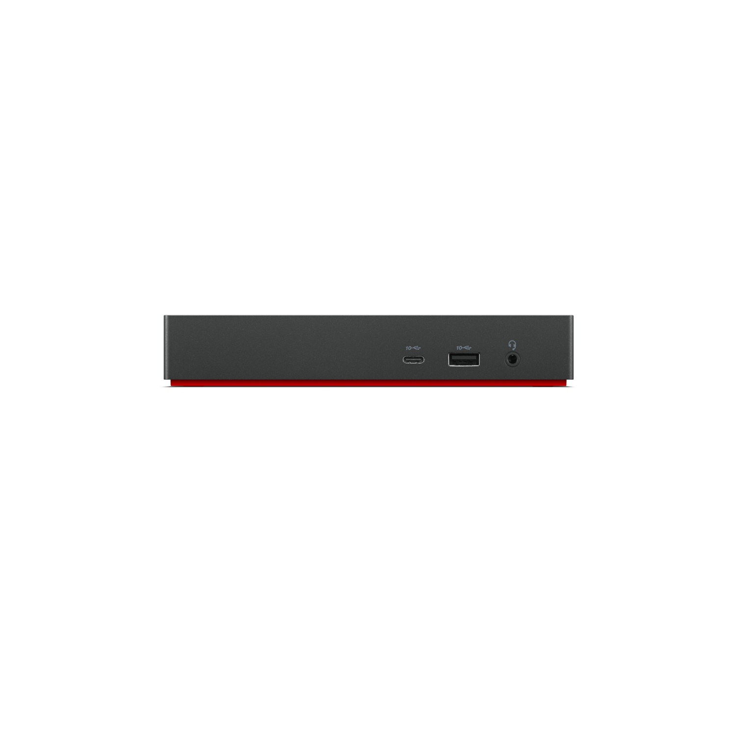 Black device with a red base. Two USB ports, and a headphone jack. White background.