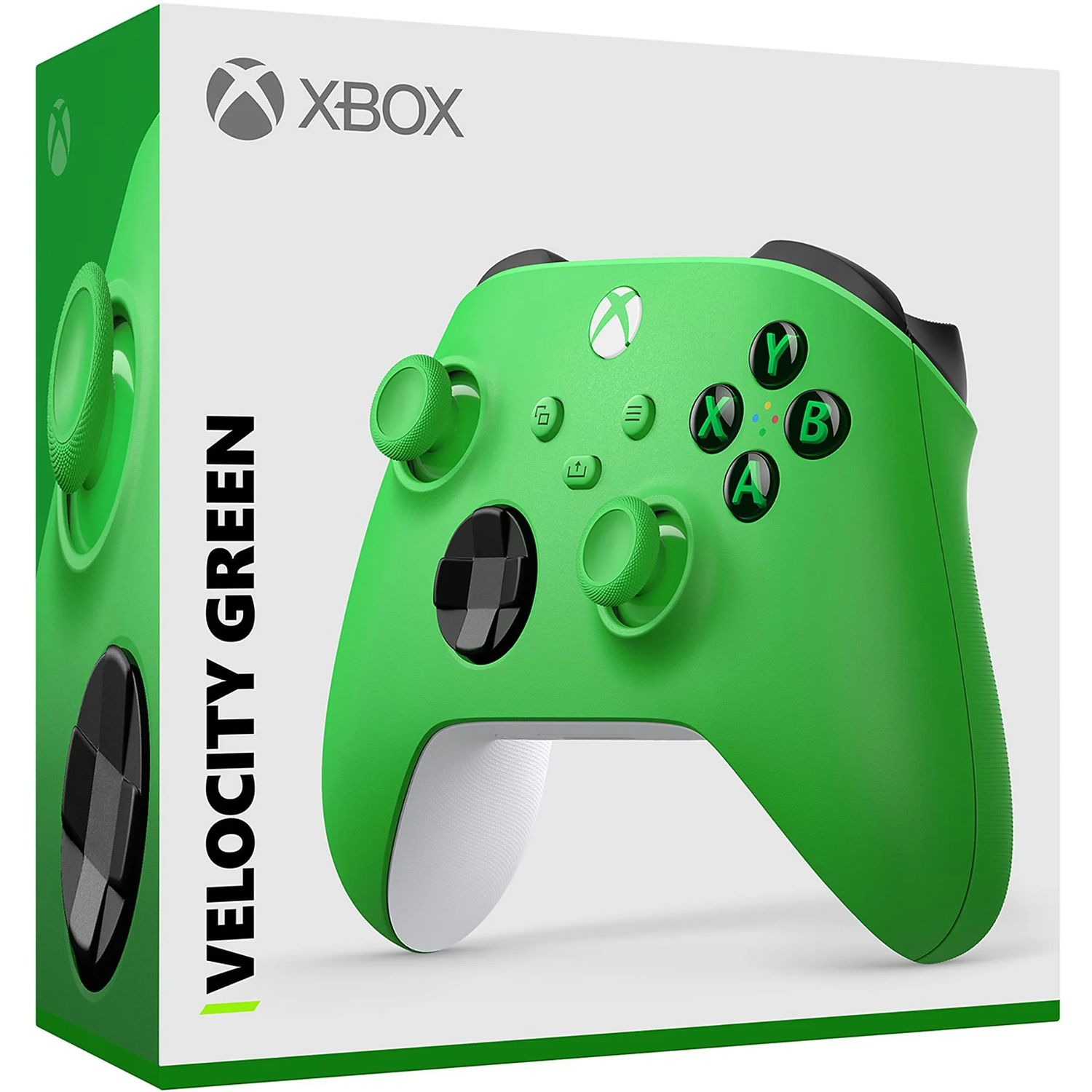 Manette Xbox verte dans une boîte blanche, avec les mots 'VELOCITY GREEN' sur le côté.
