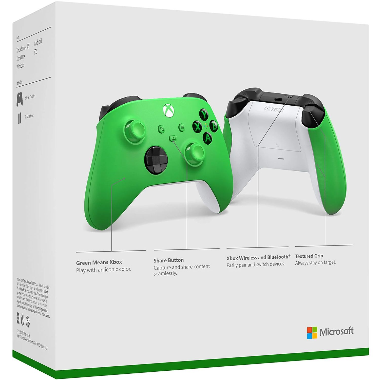 Une manette Xbox verte avec du texte. L'avant montre les boutons, l'arrière est blanc.