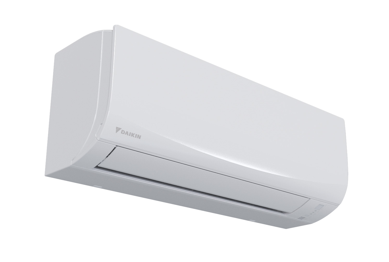 Beyaz bir duvara monte edilmiş beyaz bir Daikin kliması. Ünite uzun ve dikdörtgen.