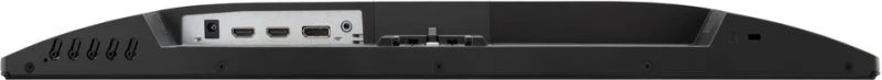 Birkaç bağlantı noktasına sahip siyah bir monitörün arkası. Güç, HDMI ve ses jakları var.