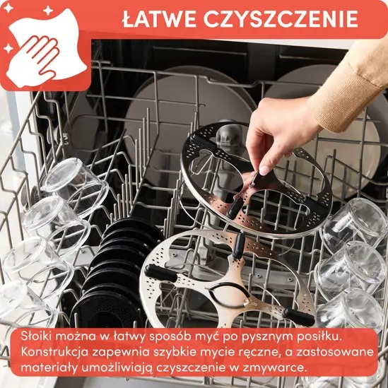Zmywarka z naczyniami i dłonią trzymającą okrągłą, srebrną część. Czerwona ikona czyszczenia.