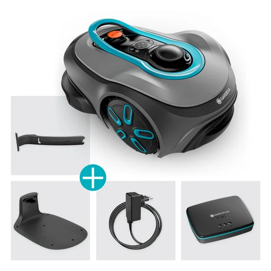 Roboter-Rasenmäher mit Zubehör. Grau-Türkis-Design, plus Ladestation und weitere Teile.