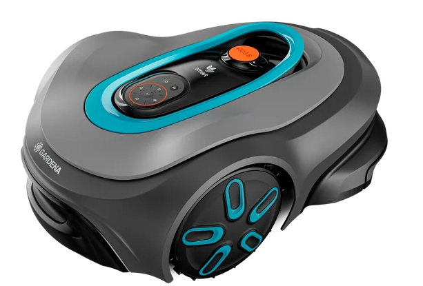 Grau-blauer Roboter-Rasenmäher. Oranger Knopf und Bedienfeld oben. Schwarze Räder mit blauen Akzenten.