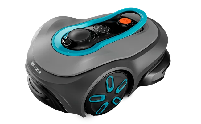 Grau-schwarzer Roboter-Rasenmäher mit blauen Akzenten.