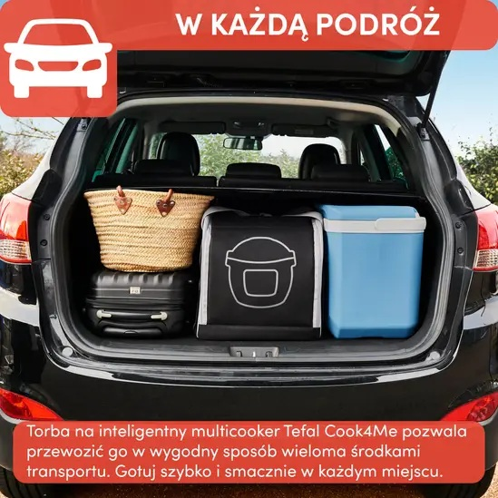 Czarny bagażnik samochodowy z bagażem, lodówką i torbą z ikoną kuchenki. Tekst: Na każdą podróż, łatwy transport.
