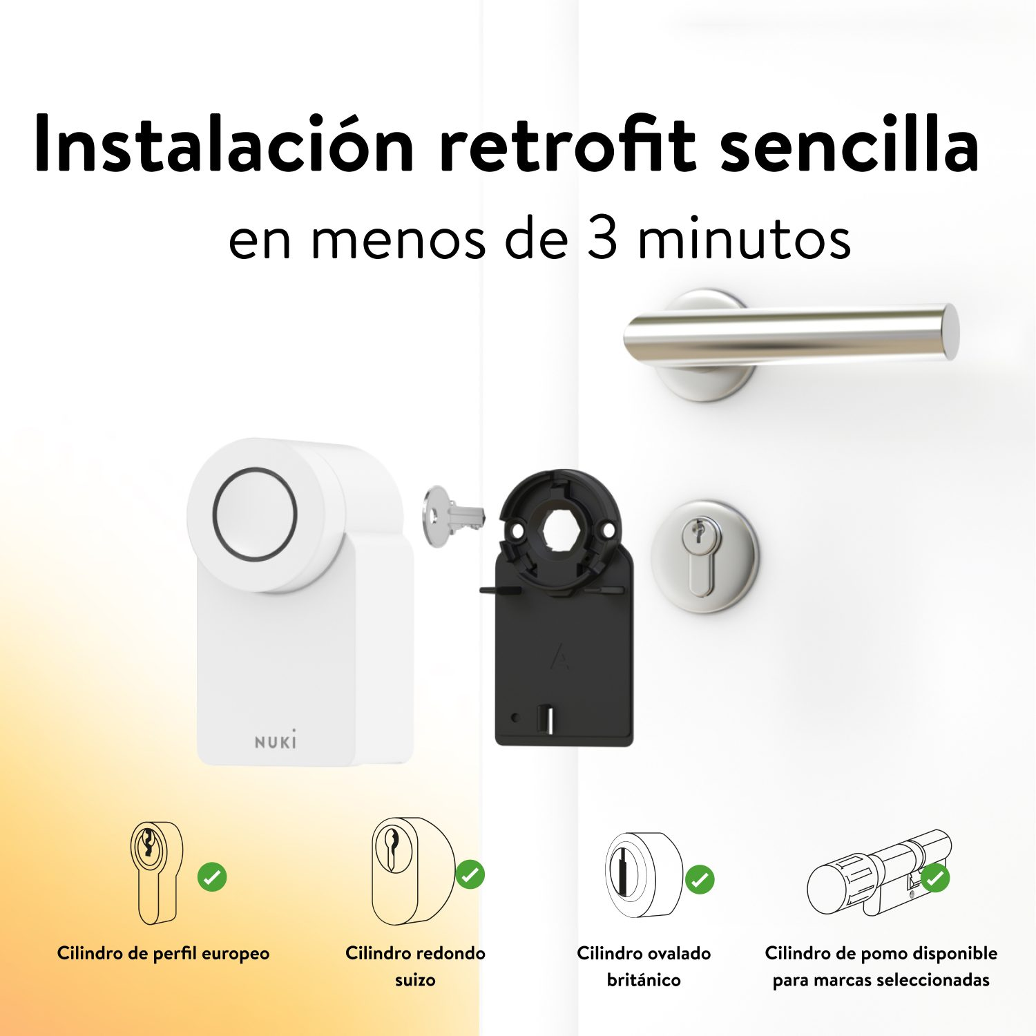 Diagrama de componentes de cerradura de puerta e instrucciones de instalación, con texto en español.