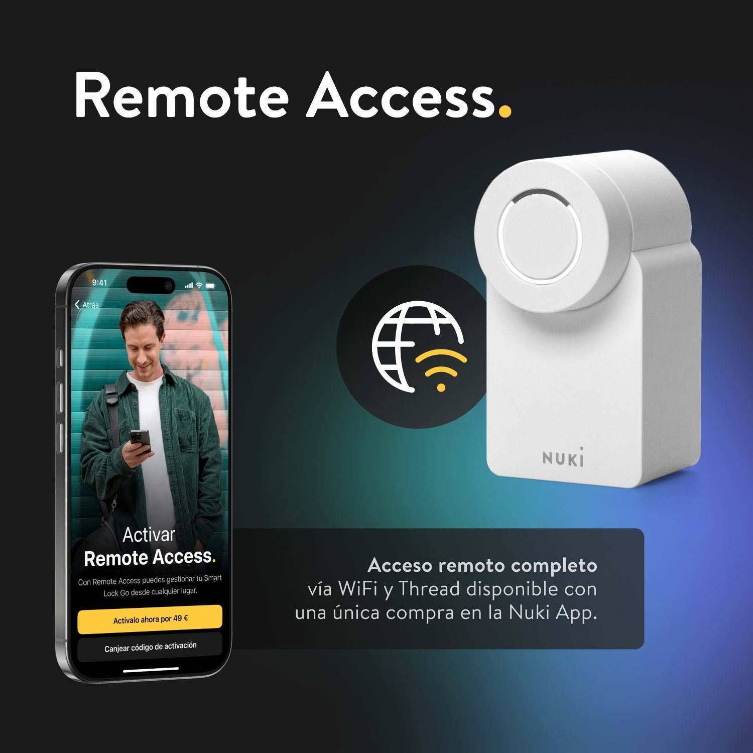 Teléfono inteligente y cerradura inteligente blanca con el texto "Acceso Remoto" y el logotipo de Nuki.