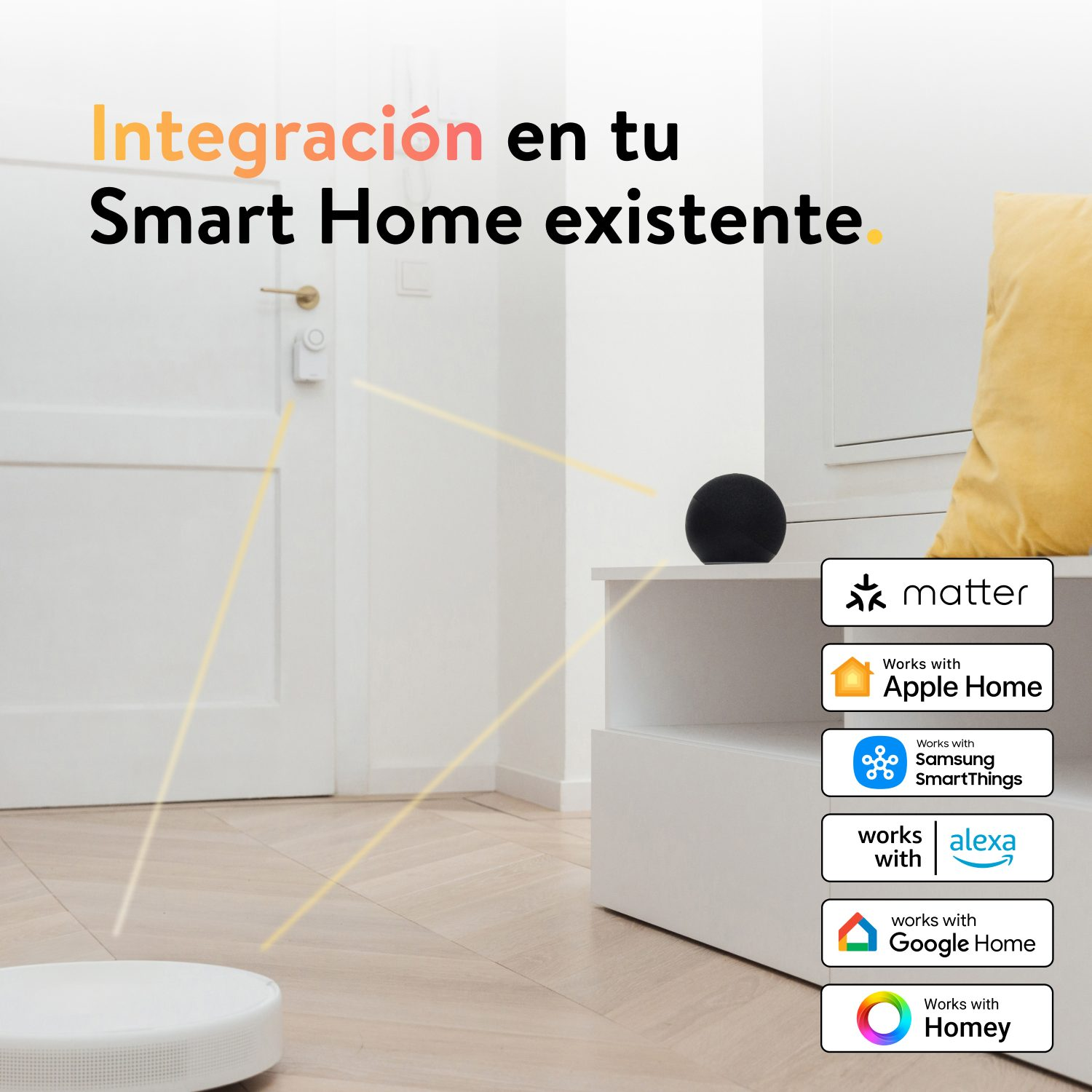 Integración de hogar inteligente con logotipos Matter, Apple Home, Samsung SmartThings, Alexa, Google Home, Homey.