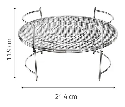 Stojak ze stali nierdzewnej o okrągłym kształcie, wspierany przez zakrzywione nogi. Wyświetlane wymiary.