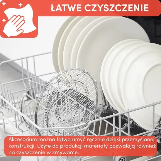 Zmywarka z drucianym koszem trzymającym białe talerze. Jest oznaczona słowami łatwe czyszczenie.