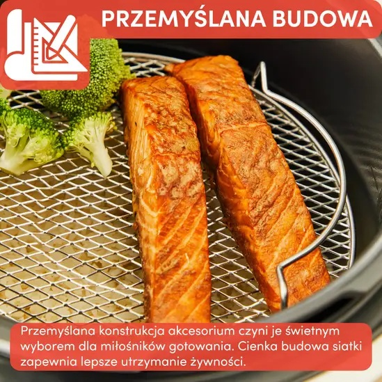 Dwa filety z łososia na ruszcie wewnątrz urządzenia do gotowania. Widoczny jest również brokuł.