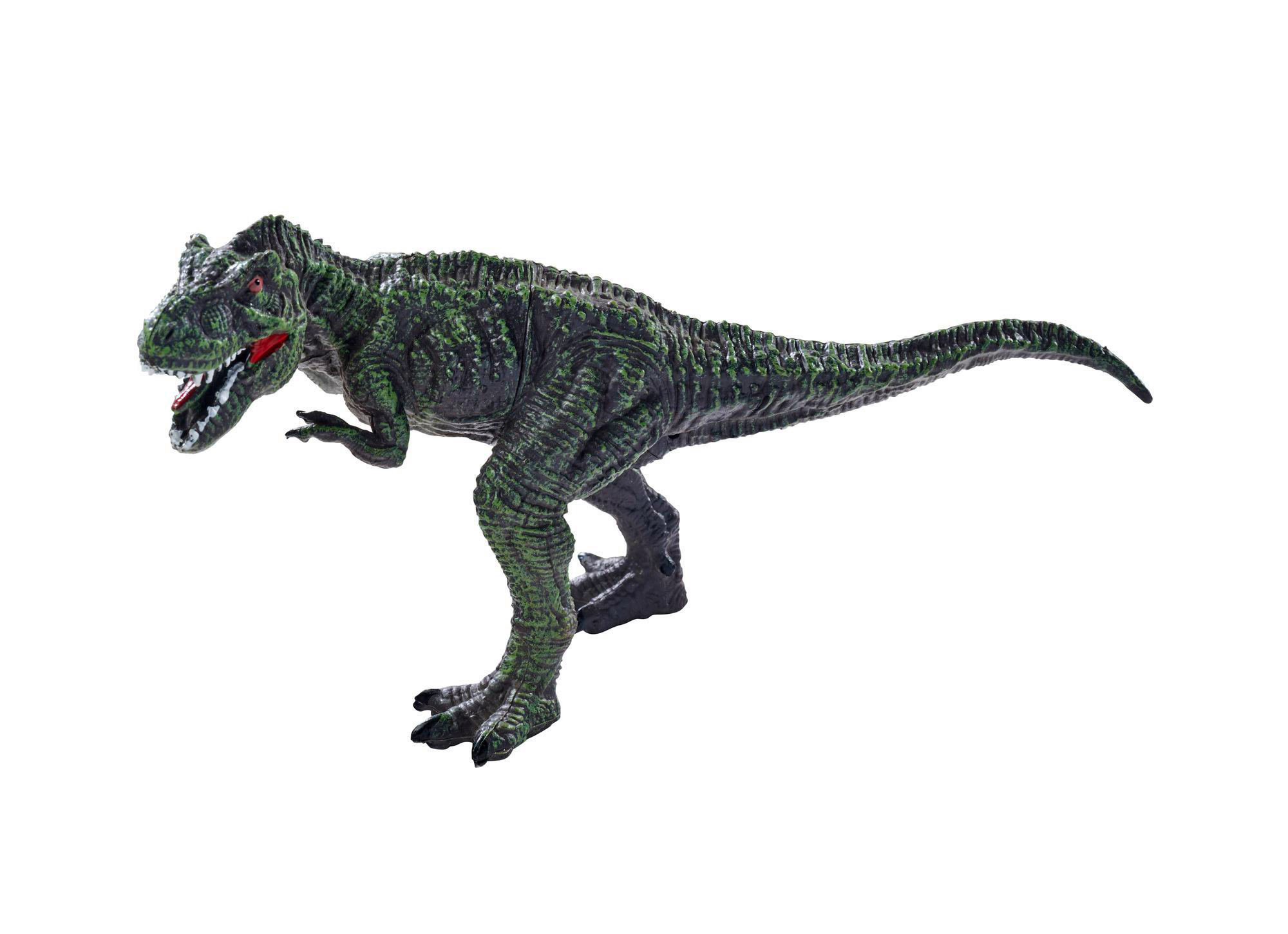 Ein grünes und schwarzes Tyrannosaurus Rex-Spielzeug steht auf weißem Hintergrund. Der Dinosaurier hat einen offenen Mund und ist sprungbereit.