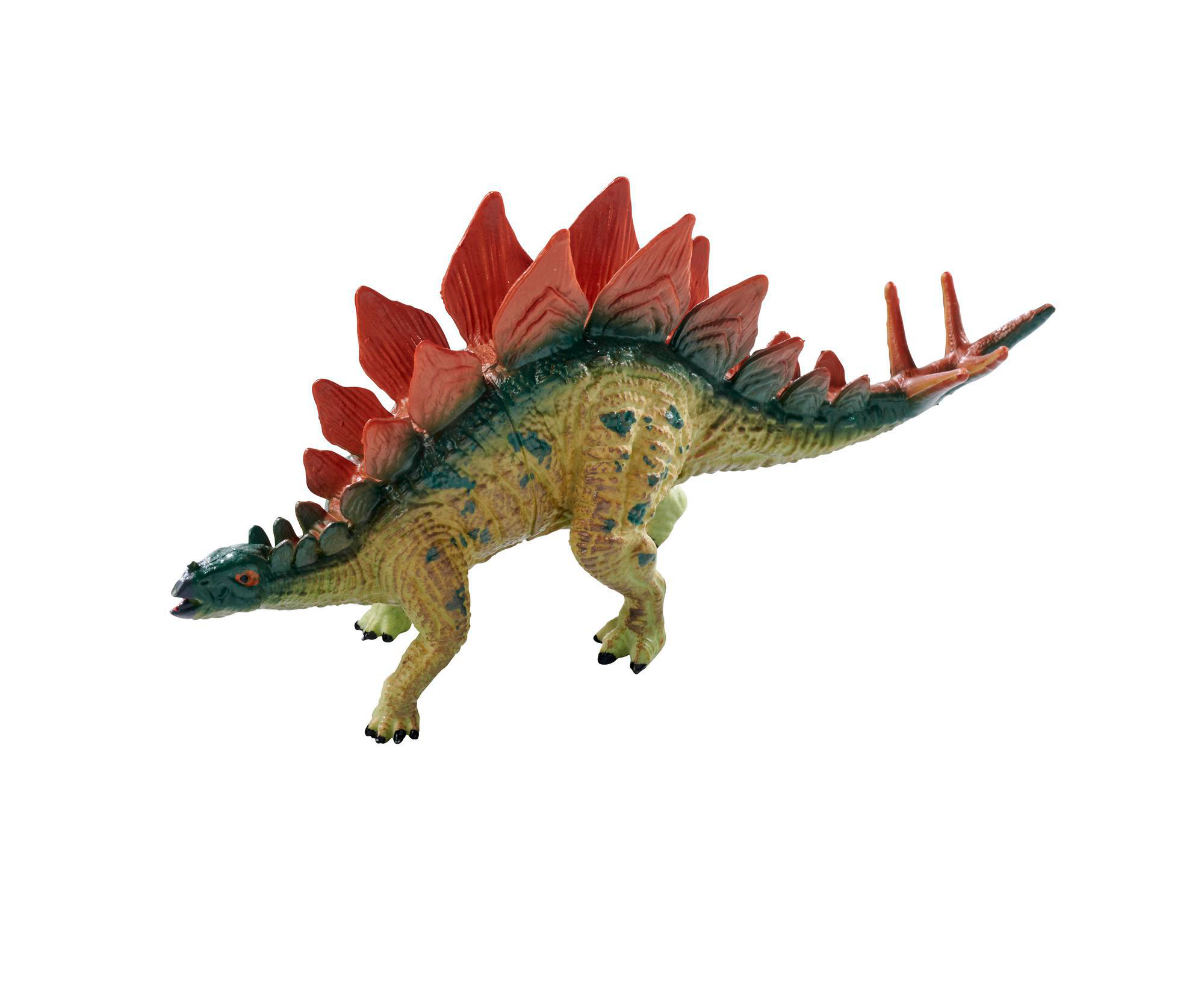 Ein Spielzeug-Stegosaurus-Dinosaurier mit orangefarbenen Platten auf dem Rücken, grünem Kopf und gelbem Körper auf weißem Hintergrund.