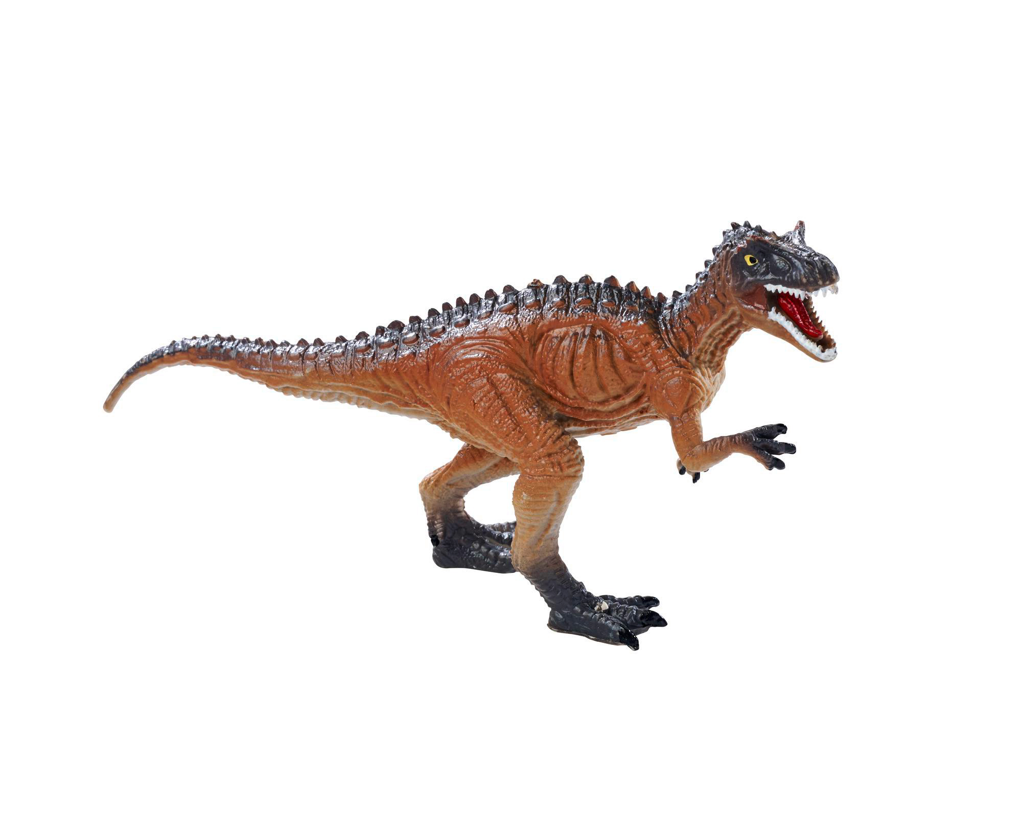 Ein braunes und schwarzes Dinosaurierspielzeug steht auf weißem Hintergrund. Es hat einen weit geöffneten Mund, der Rot zeigt.