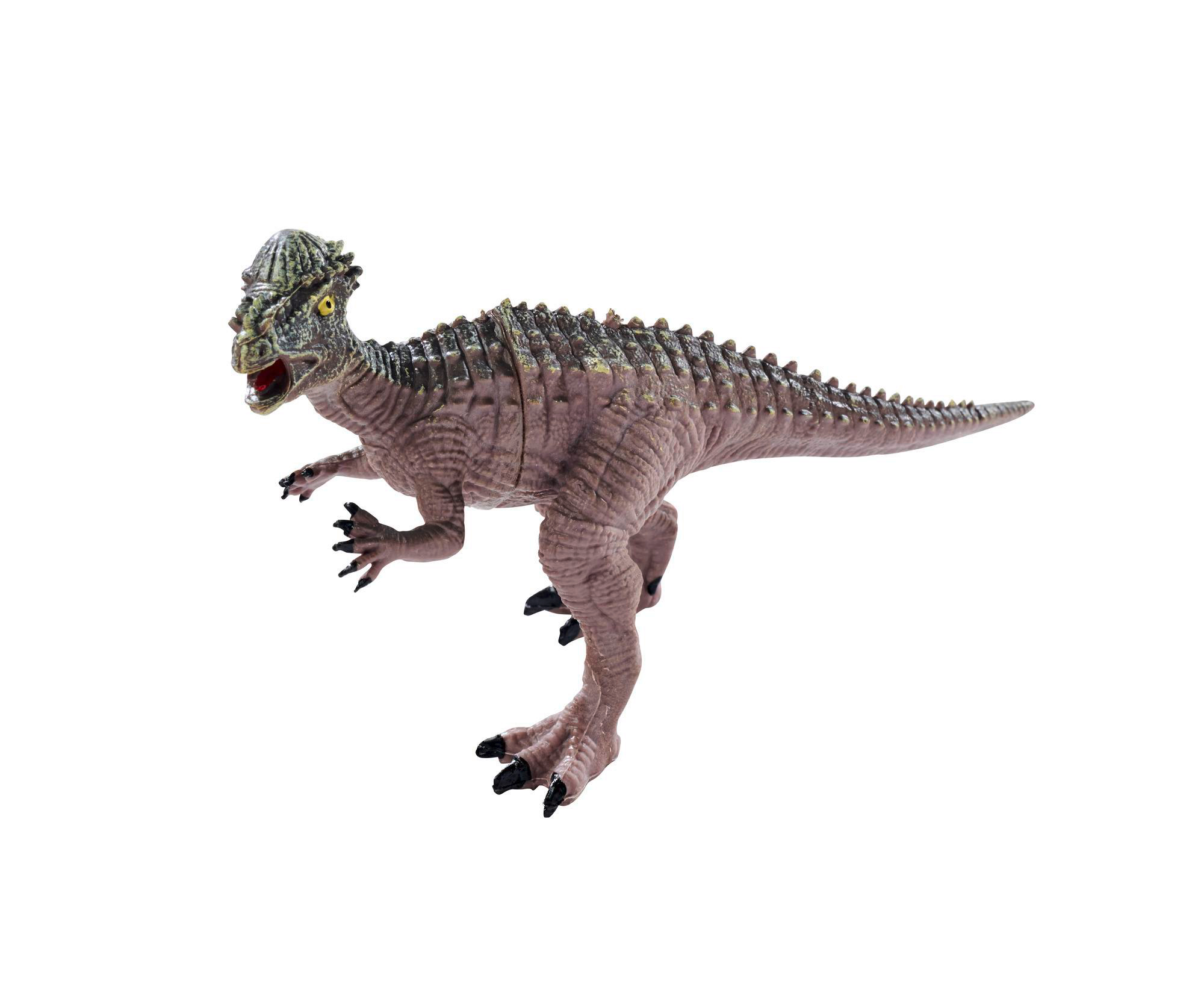 Ein braunes Dinosaurier-Spielzeug mit grünen Details steht vor weißem Hintergrund. Es hat einen offenen Mund.